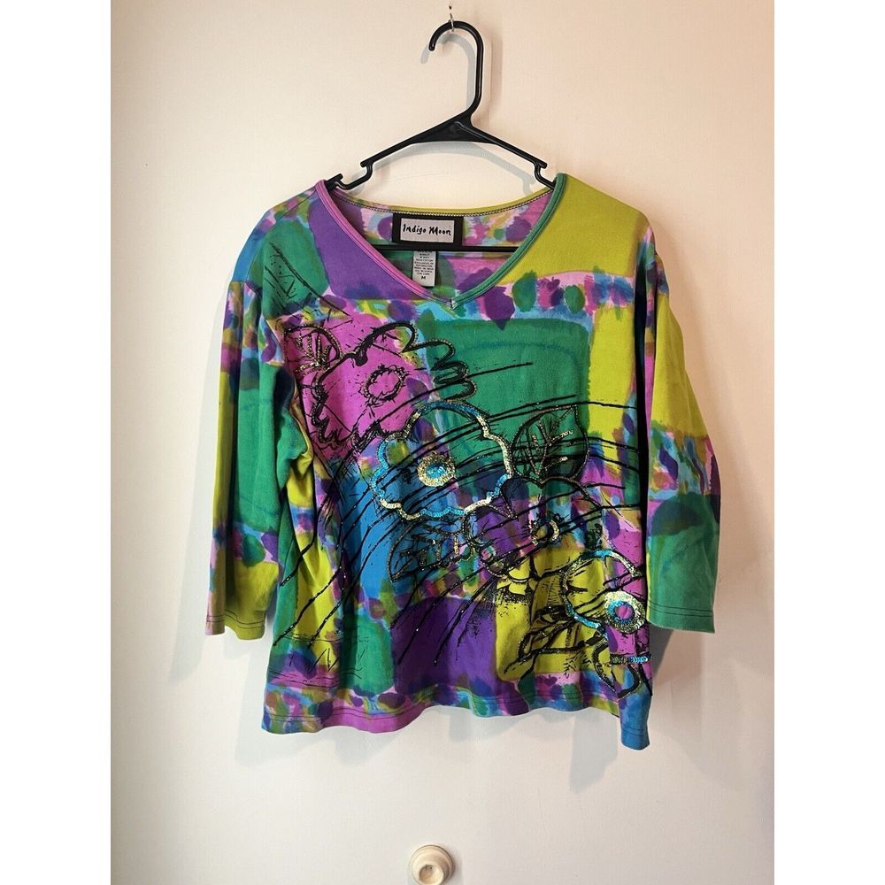 Indigo Moon Womens Blouse Top Size Med Colorful‎ Floral Sequin Tie Dye Art Deco